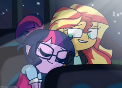 Size: 1378x999 | Tagged: safe, artist:psychodiamondstar, sci-twi, sunset shimmer, twilight sparkle, equestria girls, clothes, cute, duo, female, glasses, hair bun, lesbian, moonlight, scitwishimmer, shimmerbetes, shipping, smiling, sunsetsparkle, twiabetes
