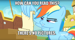 Size: 800x434 | Tagged: safe, derpibooru import, edit, edited screencap, screencap, rainbow dash, pegasus, pony, grannies gone wild, beauty and the beast, disney, exploitable meme, meme, rainbow dash reading a scroll, reading, wing hands, wing hold