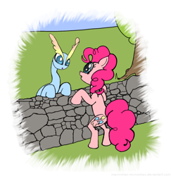 Size: 812x836 | Tagged: safe, artist:maximilian-mcmonkey, pinkie pie, earth pony, pony, amaura, crossover, pokémon, stone wall, wall