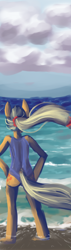 Size: 1400x4900 | Tagged: safe, artist:fauxsquared, applejack, anthro, unguligrade anthro, beach, clothes, solo, swimsuit