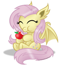 Size: 1280x1367 | Tagged: safe, artist:aleximusprime, fluttershy, bat pony, pony, apple, cute, eating, flutterbat, race swap, shyabates, shyabetes, simple background, solo, transparent background