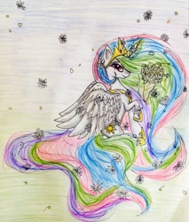 Size: 1742x2048 | Tagged: safe, artist:flufffur, princess celestia, alicorn, pony, female, horn, mare, multicolored mane, solo, traditional art, white coat