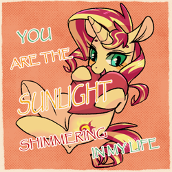 Size: 800x800 | Tagged: safe, artist:phyllismi, sunset shimmer, pony, unicorn, blushing, heart, smiling, solo, valentine's day card