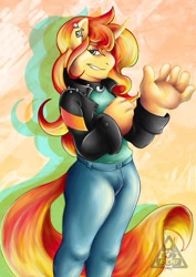 Size: 595x842 | Tagged: safe, artist:kyomikogei, sunset shimmer, anthro, unguligrade anthro, unicorn, smiling, smirk, solo