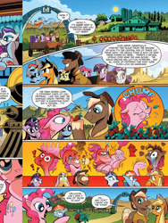 Size: 720x960 | Tagged: safe, artist:andypriceart, derpibooru import, idw, applejack, fluttershy, pinkie pie, rainbow dash, rarity, sheriff tumbleweed, twilight sparkle, twilight sparkle (alicorn), alicorn, earth pony, pegasus, pony, unicorn, spoiler:comic, spoiler:comic25, chilli, comic, facehoof, farm, female, fire, food, idw advertisement, male, mane six, mare, official comic, preview, smoke, speech bubble, spicy, stallion, star (coat marking)