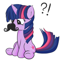 Size: 1000x1000 | Tagged: safe, artist:finalflutter, derpibooru import, twilight sparkle, pony, unicorn, confused, exclamation point, female, interrobang, mare, moustache, question mark, simple background, sitting, solo, transparent background