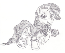 Size: 1024x835 | Tagged: safe, artist:inurantchan, rarity, pony, unicorn, clothes, dress, gala dress, monochrome, solo, traditional art