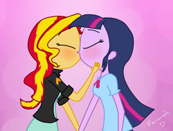 Size: 1024x778 | Tagged: safe, artist:fernandash, sunset shimmer, twilight sparkle, equestria girls, eyes closed, female, kissing, lesbian, shipping, sunsetsparkle