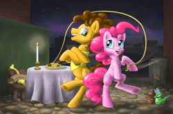 Size: 1020x676 | Tagged: safe, artist:dulali, boneless, cheese sandwich, gummy, pinkie pie, earth pony, pony, accordion, bipedal, candle, cello, cheesepie, female, jump rope, male, musical instrument, shipping, smiling, spaghetti, straight