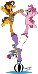 Size: 985x1920 | Tagged: safe, artist:fractiouslemon, cheese sandwich, pinkie pie, earth pony, pony, balancing, ball, clothes, clown, costume, handstand, happy, ponyacci, simple background, smiling, transparent background