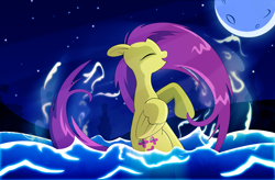 Size: 3287x2160 | Tagged: safe, artist:secondwinded, fluttershy, pegasus, pony, moon, night, solo, swimming, water