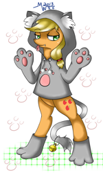 Size: 600x1000 | Tagged: safe, artist:caiyunlai, applejack, cat, earth pony, pony, applecat, bipedal, clothes, pajamas, pixiv, solo, tongue out