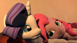 Size: 1600x900 | Tagged: safe, artist:hellhounds04, pinkie pie, rarity, earth pony, pony, unicorn, 3d, female, lesbian, raripie, shipping, snuggling, source filmmaker