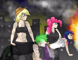 Size: 3300x2550 | Tagged: safe, artist:mlj-lucarias, applejack, pinkie pie, spike, twilight sparkle, human, behaving like a weapon, belly button, blood, city, cleavage, female, fire, horned humanization, humanized, midriff, scar, twigun