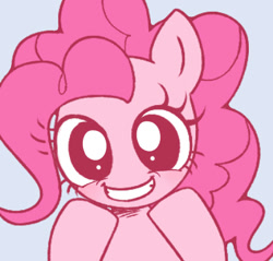 Size: 395x378 | Tagged: safe, artist:nmnkgskds, pinkie pie, earth pony, pony, bust, cute, diapinkes, female, gray background, looking at you, mare, no nose, pixiv, portrait, simple background, solo