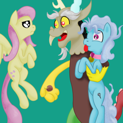 Size: 900x900 | Tagged: safe, artist:philith, discord, fluttershy, screw loose, draconequus, earth pony, pegasus, pony, trio