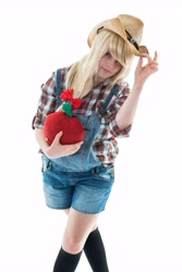 Size: 4912x7360 | Tagged: safe, artist:alienbabe44, applejack, human, absurd resolution, cosplay, irl, irl human, overalls, photo, plushie, smash con, smashcon, solo