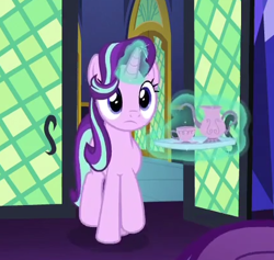 Size: 425x403 | Tagged: safe, screencap, starlight glimmer, pony, unicorn, shadow play, cropped, cup, door, food, glass, glowing horn, magic, solo, tea, teacup, teapot, telekinesis, tray, twilight's castle