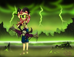 Size: 1013x788 | Tagged: safe, artist:doppiad-doubled, sunset shimmer, equestria girls, crossover, demon hunter, glowing eyes, solo, warcraft, weapon, world of warcraft