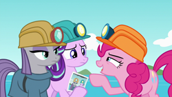 Size: 1280x720 | Tagged: safe, screencap, maud pie, pinkie pie, starlight glimmer, earth pony, pony, rock solid friendship, helmets, miners' helmets, smiling