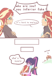 Size: 690x1003 | Tagged: safe, artist:yuck, sci-twi, sunset shimmer, twilight sparkle, equestria girls, comic, counterparts, crying, female, glasses, hug, human sunset, lesbian, looking at each other, scared, scitwishimmer, shipping, sunsetsparkle