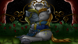 Size: 3840x2160 | Tagged: safe, artist:neko-me, derpy hooves, prince blueblood, pegasus, pony, fanfic:where is my love?, clothes, cloud, cloudy, crack shipping, derpblood, dress, embrace, fanfic art, female, garden, jacket, kissing, mare, moon, prince blueblood gets all the mares, shipping