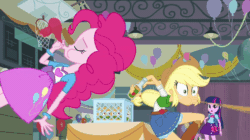 Size: 700x393 | Tagged: safe, screencap, applejack, spike, twilight sparkle, dog, equestria girls, equestria girls (movie), animated, apple cider, balloon, boots, clothes, cowboy boots, shoes, skirt, spike the dog, spit take