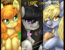 Size: 2300x1777 | Tagged: safe, artist:tomocreations, carrot top, derpy hooves, golden harvest, octavia melody, earth pony, pegasus, pony, carrot, female, mare, muffin, violin