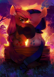 Size: 2508x3541 | Tagged: safe, artist:aruurara, applejack, rarity, earth pony, pony, unicorn, applejack's hat, backlighting, eyes closed, female, from behind, grass, hat, kissing, lesbian, log, looking at you, mare, plot, rarijack, shipping, sitting, sunset, tree