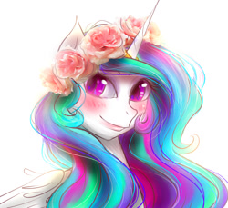 Size: 1200x1100 | Tagged: safe, artist:melodybell, princess celestia, alicorn, pony, female, floral head wreath, horn, mare, multicolored mane, solo, white coat