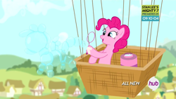 Size: 1920x1080 | Tagged: safe, pinkie pie, earth pony, pony, pinkie pride, balloon, bubble, bubble wand, hub logo, solo, tape