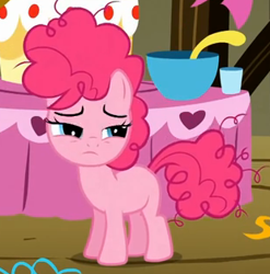 Size: 310x314 | Tagged: safe, screencap, pinkie pie, earth pony, pony, the cutie mark chronicles, filly, foal, lidded eyes, messy mane, sad, solo