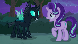 Size: 1280x720 | Tagged: safe, screencap, starlight glimmer, thorax, changeling, pony, unicorn, to where and back again, bush, confused, female, male, night, tree, wings