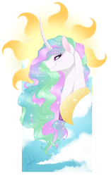 Size: 802x1280 | Tagged: safe, artist:jooughust, princess celestia, alicorn, pony, bust, female, horn, mare, multicolored mane, solo, white coat