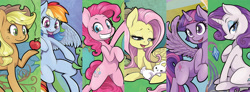 Size: 1339x492 | Tagged: safe, artist:jezebeltart, derpibooru import, angel bunny, applejack, fluttershy, pinkie pie, rainbow dash, rarity, twilight sparkle, twilight sparkle (alicorn), alicorn, earth pony, pegasus, pony, unicorn, female, mane six, mare