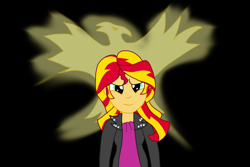 Size: 2000x1334 | Tagged: safe, artist:mrtheamazingdude, artist:mtad2, sunset shimmer, phoenix, pony, black background, clothes, jacket, simple background, solo