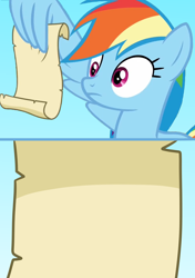 Size: 1140x1616 | Tagged: safe, artist:saphire-systrine, derpibooru import, rainbow dash, pegasus, pony, grannies gone wild, meme, meme template, rainbow dash reading a scroll, rainbow dash reading a scroll original, template, wing hands