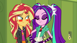 Size: 1100x618 | Tagged: safe, artist:ktd1993, aria blaze, sunset shimmer, equestria girls, blushing, female, lesbian, shipping, sunblaze