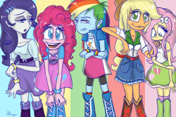 Size: 1024x683 | Tagged: dead source, safe, artist:mimtii, derpibooru import, applejack, fluttershy, pinkie pie, rainbow dash, rarity, equestria girls, parody