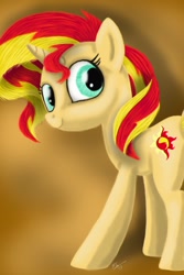 Size: 800x1200 | Tagged: safe, artist:thefinallion, sunset shimmer, pony, unicorn, female, looking back, mare, scene interpretation, simple background, smiling, solo