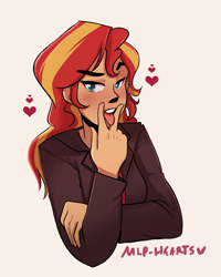 Size: 1280x1604 | Tagged: safe, artist:mlp-hearts, sunset shimmer, human, equestria girls, breasts, colored pupils, female, heart, humanized, solo, tongue out