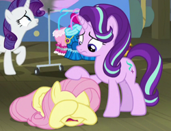 Size: 424x326 | Tagged: safe, screencap, fluttershy, rarity, starlight glimmer, pegasus, pony, unicorn, horse play, cropped