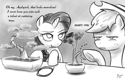 Size: 1024x655 | Tagged: safe, artist:topgull, applejack, rarity, earth pony, pony, unicorn, bonsai, dialogue, duo, gardening, grayscale, monochrome, sarcasm