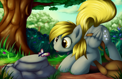 Size: 3400x2200 | Tagged: safe, artist:grennadder, derpy hooves, butterfly, pegasus, pony, cute, derpabetes, female, mare, saddle bag