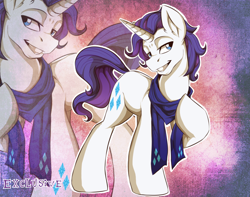 Size: 1350x1066 | Tagged: dead source, safe, artist:rainbowscreen, elusive, rarity, pony, unicorn, clothes, grin, rule 63, scarf, smiling, solo, zoom layer