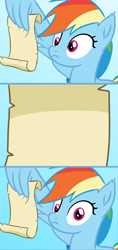 Size: 1140x2424 | Tagged: safe, artist:saphire-systrine, derpibooru import, rainbow dash, pegasus, pony, grannies gone wild, blank, comic, image macro, meme, message, rainbow dash reading a scroll, rainbow dash reading a scroll original, scroll, solo, template