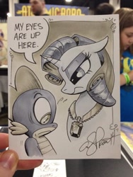 Size: 768x1024 | Tagged: safe, artist:andypriceart, rarity, spike, dragon, pony, unicorn, andy you magnificent bastard, duo, eyes on the prize, female, floppy ears, frown, gem, limited palette, male, mare, my eyes are up here, necklace, nervous, plewds, surprised, sweat, traditional art, unamused, wide eyes