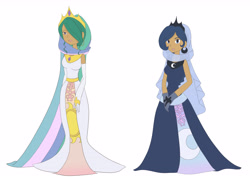 Size: 4800x3400 | Tagged: safe, artist:looji, princess celestia, princess luna, human, humanized, professor layton, simple background, skinny, style emulation