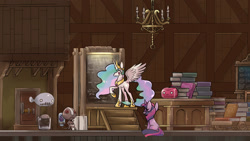 Size: 1600x900 | Tagged: safe, artist:joycall6, princess celestia, twilight sparkle, alicorn, pony, robot, unicorn, chandelier, crossover, female, maplestory, mare, neat, open mouth, sitting, smiling, spread wings, video game crossover, wings