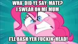 Size: 640x360 | Tagged: safe, pinkie pie, earth pony, pony, image macro, solo, u wot m8, vulgar